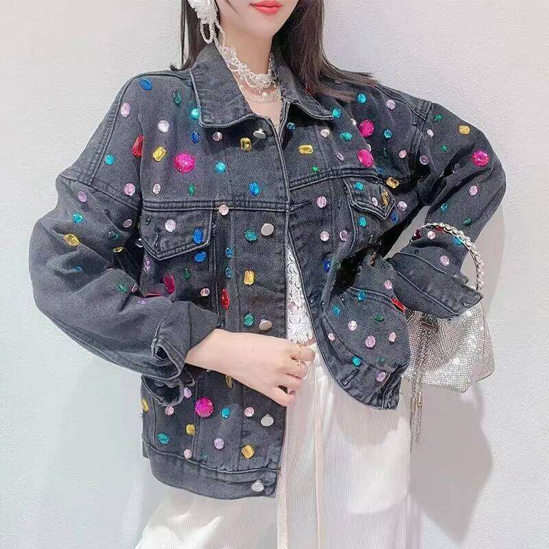 Long Sleeve Streetwear Denim Jacket Spring Women's Sweet Rainbow Dia Design Single Breasted Loose Outerwear