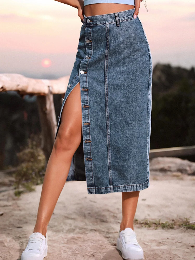 Benuynffy Sexy Streetwear Button Women Skirt Autumn Winter Elegant Denim Female High Waist Casual Bodycon Long Skirts 250516Z