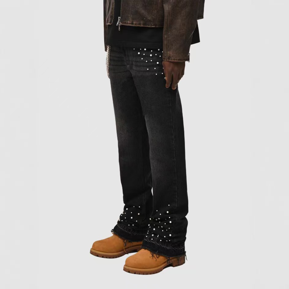 Mens jeans Straight-leg jeans European and American street fashion INS popular stretch diamond-embellished straight-leg jeans
