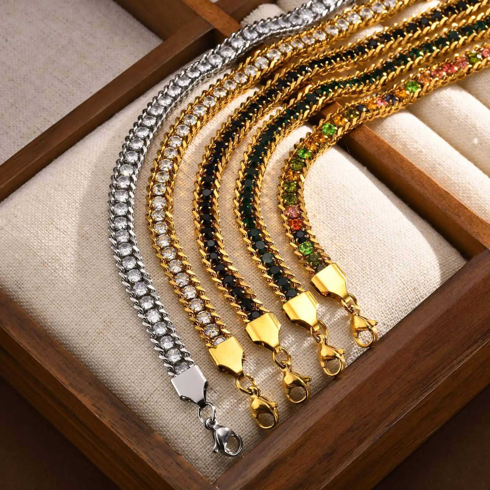 Gold Plated Waterproof Bling Tennis Chain Bracelet for Women Girl stainless steel Cubic Zirconia Chain Bracelet Exquisite Gift W250526