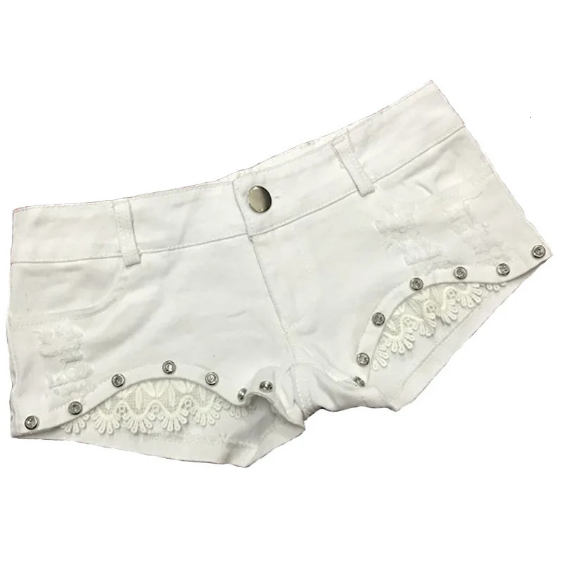 Sexy Y2k Jean Denim Shorts Women Bright Diamond Lace Ultra-low Rise Pants Nightclub s Ripped Shorts 250520