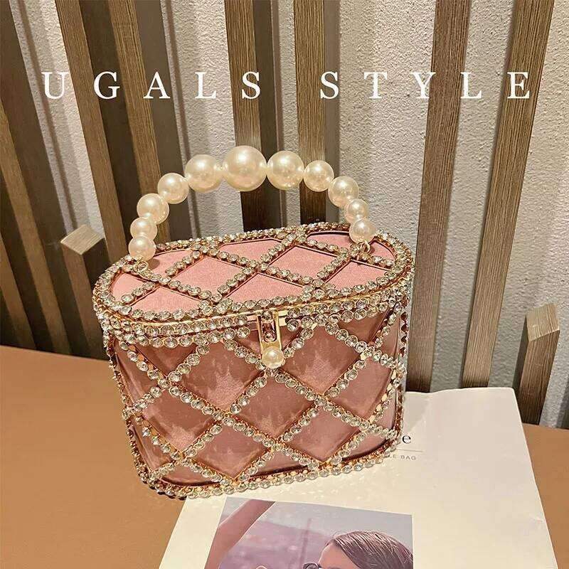 Rhinestones Dia Evening Hollow Pearl Beaded Metallic Cage Women Handbag Wedding Party Clutch Purse Shoulder Bag