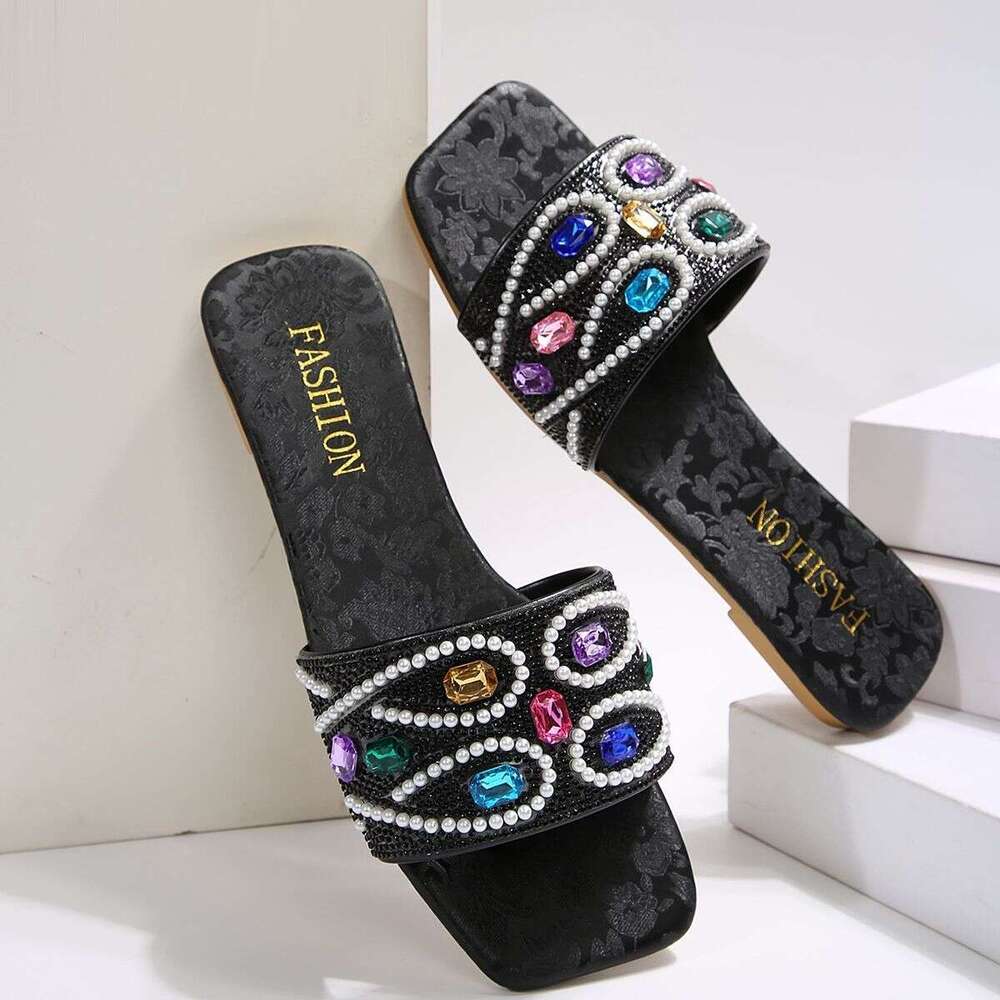 Summer Plus New Women's Sandals For Casual Wear 2025 Fashion Designer Sandals Flat Bottom Rhinestone Slippers Luxury Women's Shoes Wholesale
