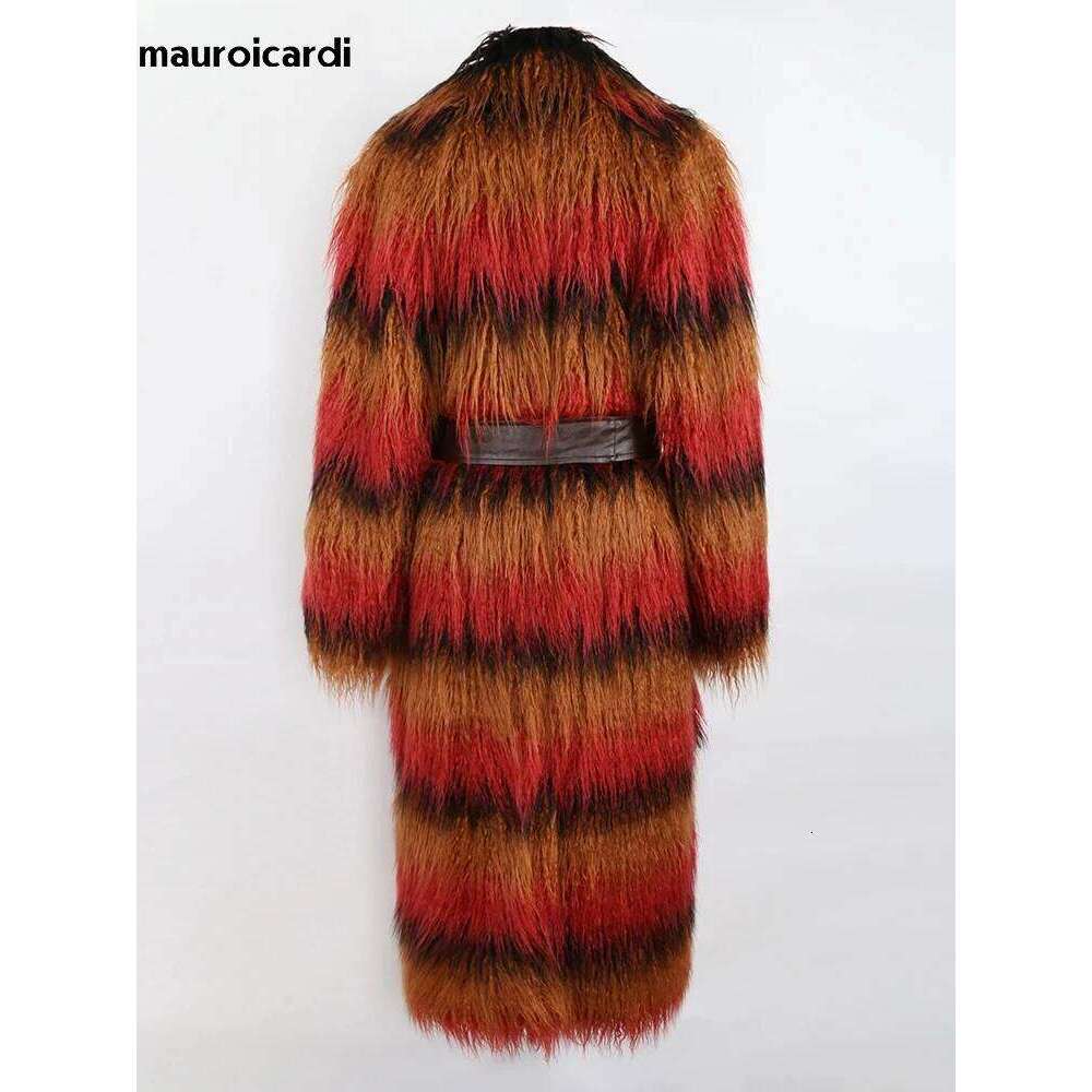 Mauroicardi Winter Long Colorful Striped Thick Warm Pu Leather Patchwork Faux Mongolian Fur Coat Women Fluffy Overcoat