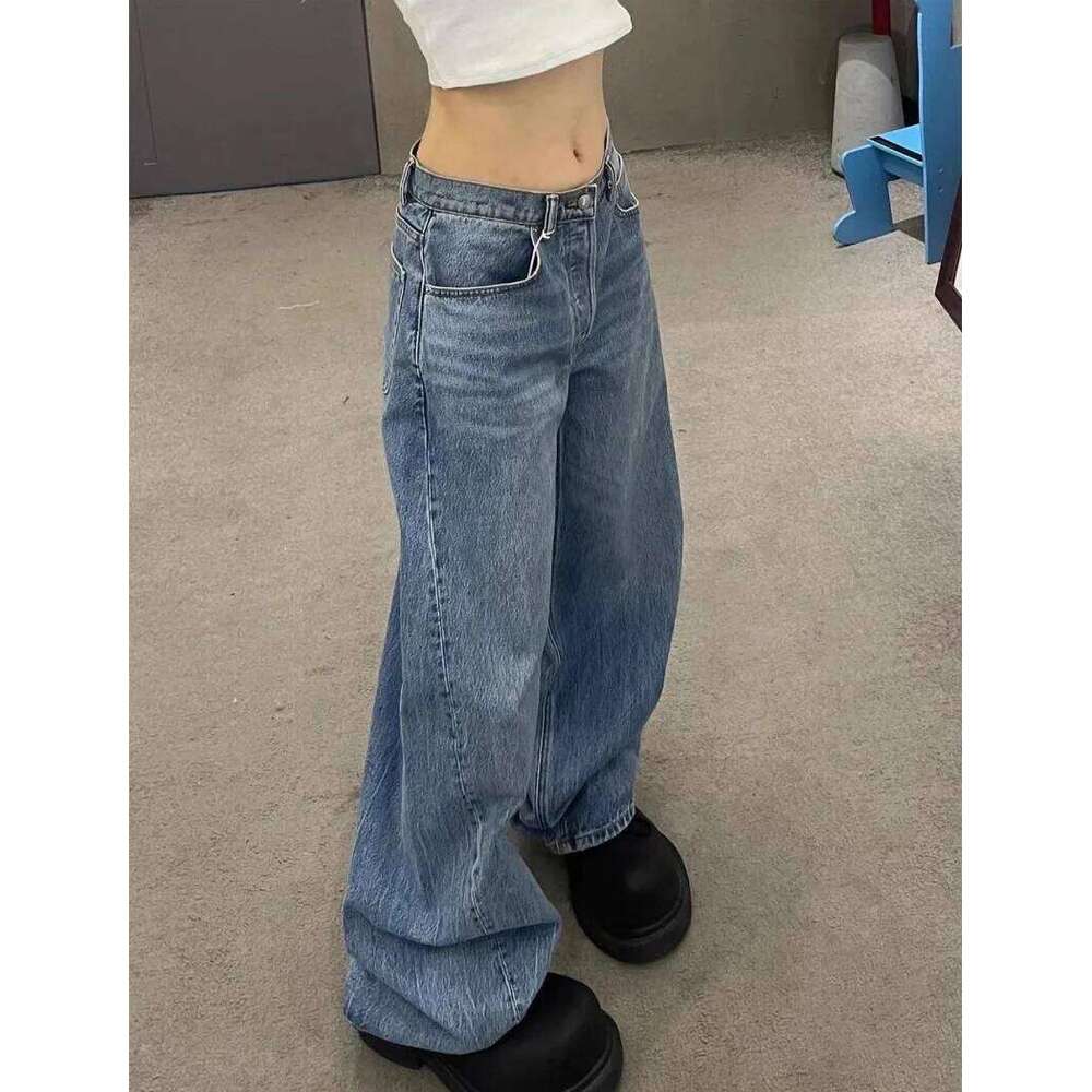 New Haruku Y2K Streetwear Trousers American Retro Letter Rhinestone Jeans Women Hot Sexy Baggy High Waist Scissors Wide Legs