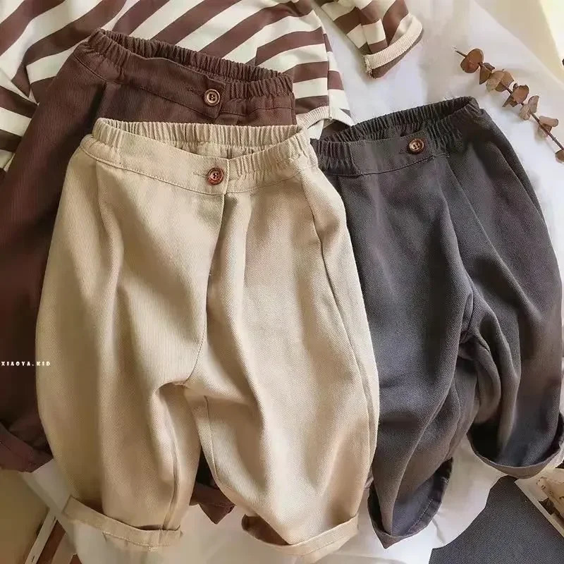 Childrens Korean Casual Pants for Babies Spring Boys and Girls Solid Color Loose Fitting Harlan Long 250527