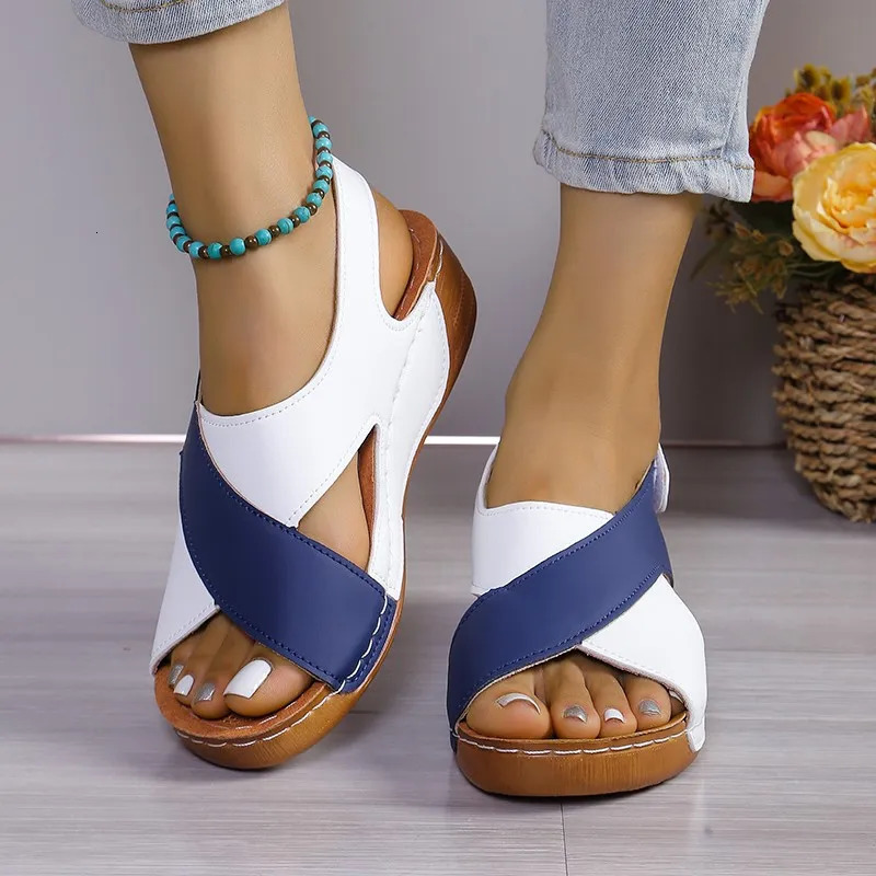Womens Contrast Color Wedge Sandals Summer Peep Toe Non Slip Beach Shoes Woman Comfortable Platform Roman Sandalias Mujer 250603