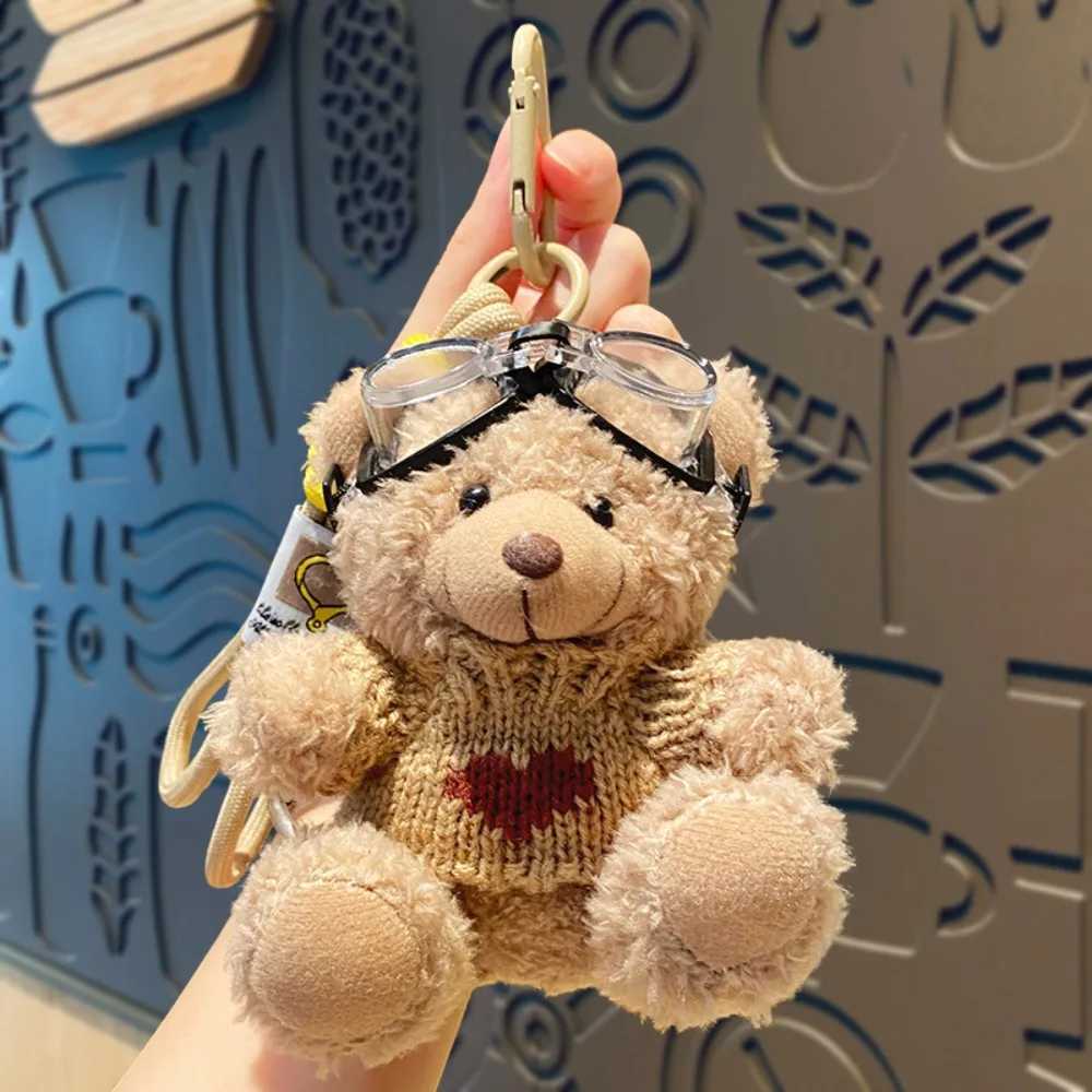 Kawaii Goggles Pilot Bear Keychain Bell Pearl Plush Bear Key Ring Heart Pink Stuffed Animal Pendant Women W250526