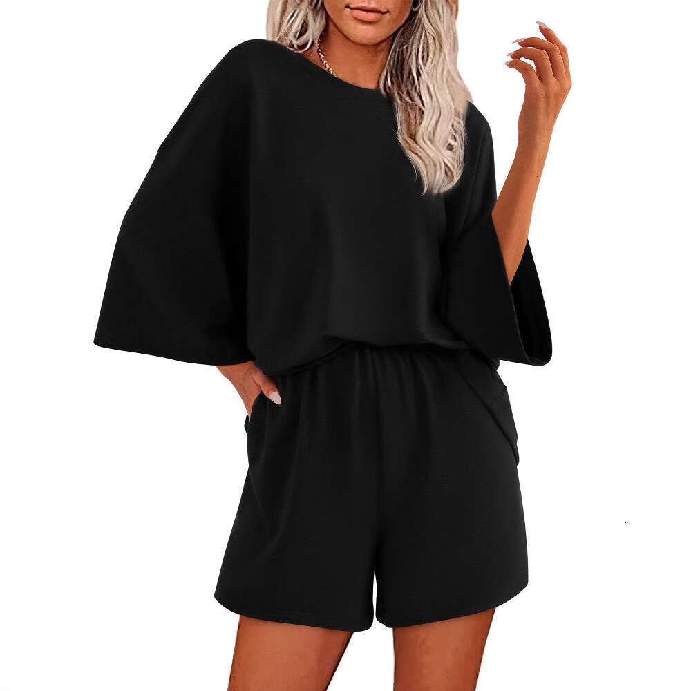 2025 Casual Women's Summer Solid Color Round Neck Short Sleeve Top Elastic Shorts Two-Piece Set for Women
