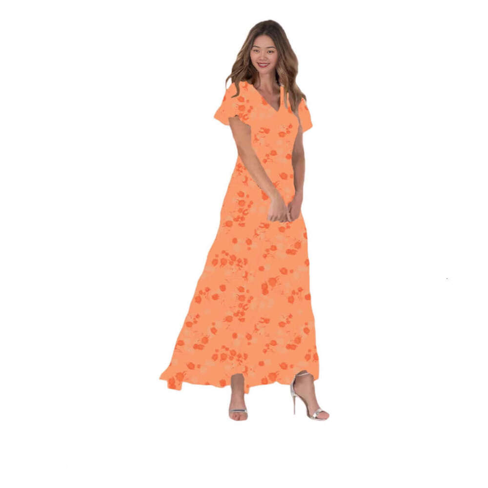 New Style Beach Long Chiffon Floral Short Sleeve Ruffle V-neck Fashion Waist-cinching Dress