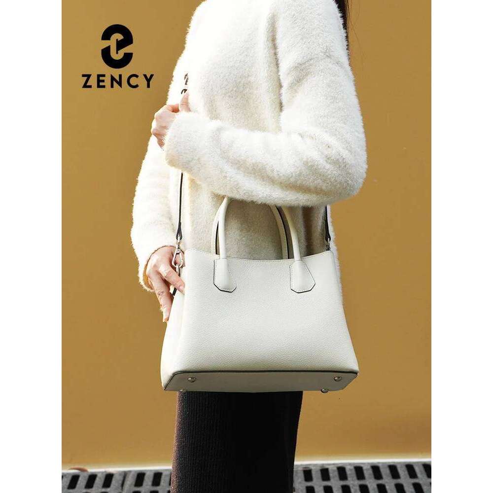Zency Women's Genuine Leather Top-Handle Bag Noble White Crossbody with Three Compartments for Daily Work And Shopping