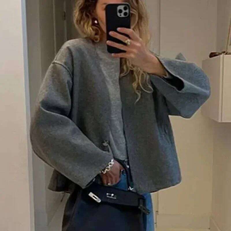 Tweed Jackets For Women Vintage V Neck Oversize Coats Autumn Winter 2024 Fashion Single Button Crop Jacket Casual Elegant Coat