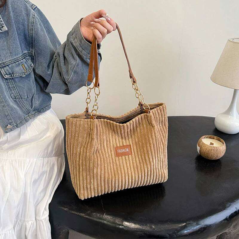 Fashion Corduroy Tote Solid Color Shoulder Bag, Women's Casual Handbag For Commute Work
