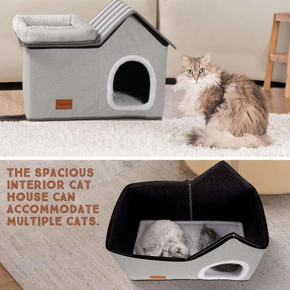 Topmart Cat House With - Large Indoor Condo, 2-in-1 Pet Bed for Kittens and Small Cats, Grey
