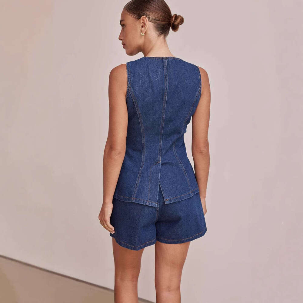 2025 Spring/Summer New Fashion Sleeveless Waist-Cinching High-Waist Loose Denim Shorts Set