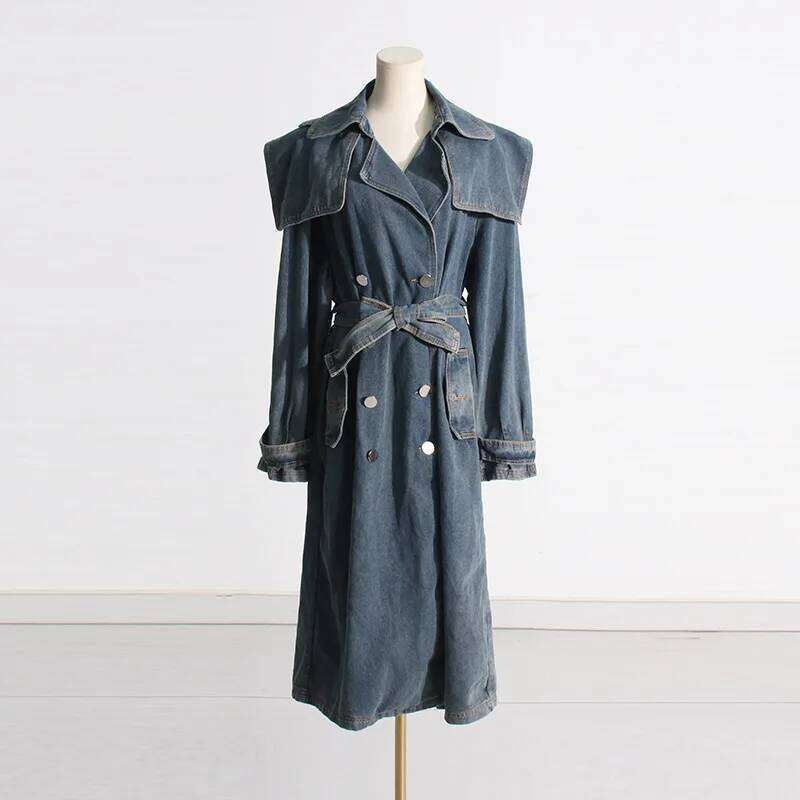 Women Denim Trench Coats Office Lady Sleeves Lace Up Pockets Loose Long Jackets 2025 Spring Jacket Y2k Streetwear