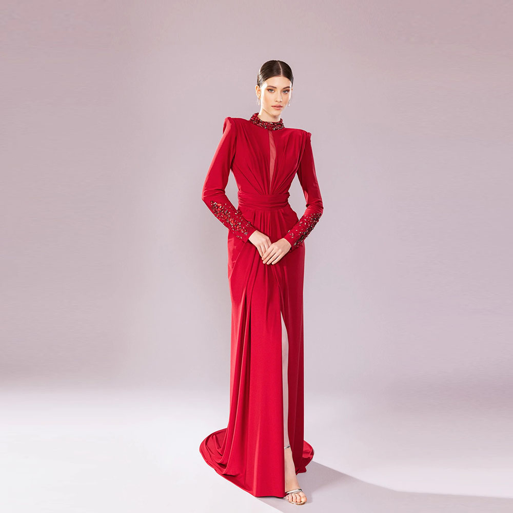 Luxury Beading Crystal Evening Dresses Ruched Split Column Long Sleeves Sexy Party Dresses Sweep Strain Prom Dresses