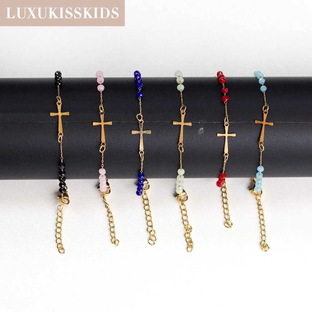 LUXUKISSKIDS Rosary Jesus Beads Bracelets Multicolor Stainless Steel Cross Christian Link Chain Enamel Prayer Hand Jewelry Gifts W250526