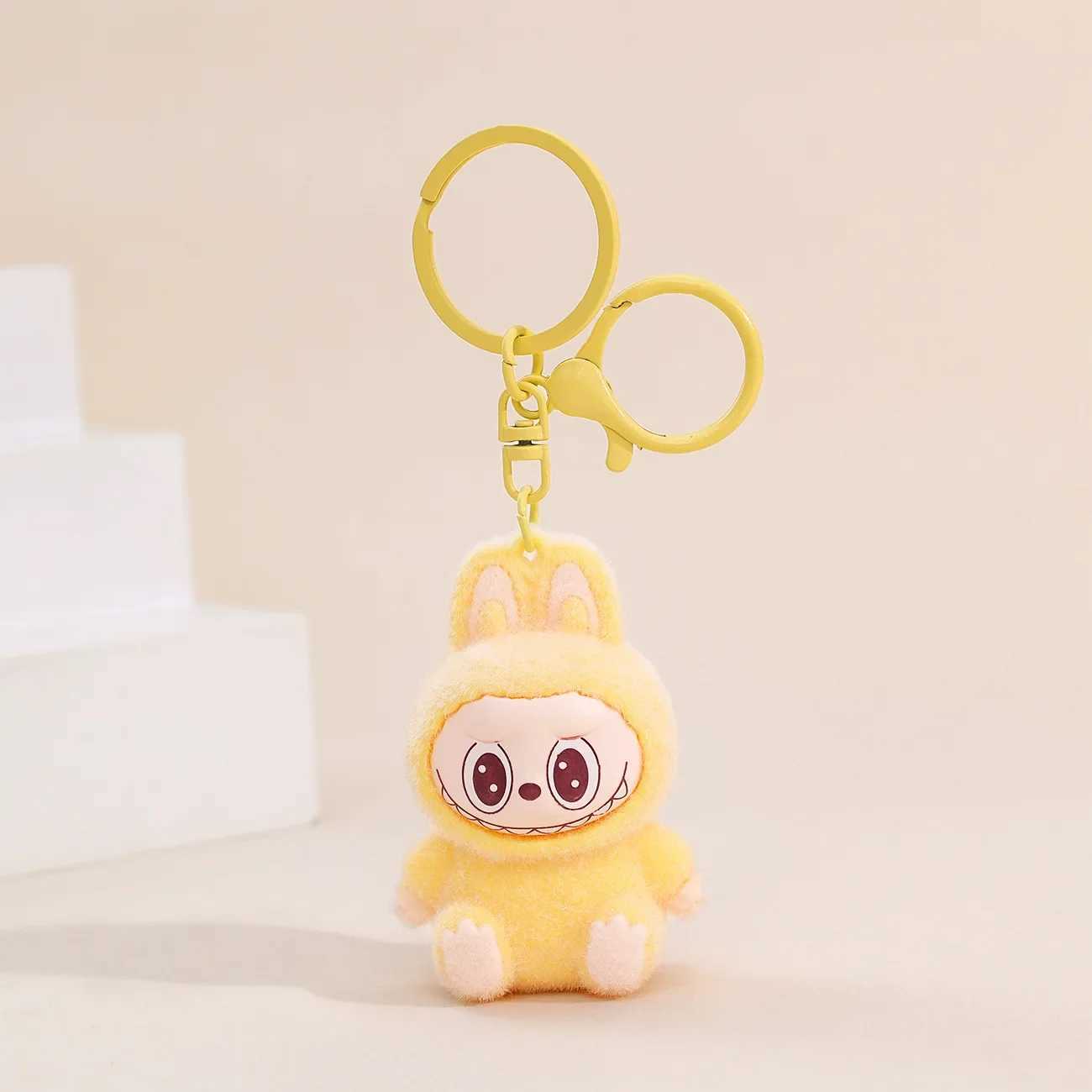 Sitting Labubu Doll Keychain External Implantation Fluff Pvc Toy Phone Ornaments Bag Charms Car Key W250526