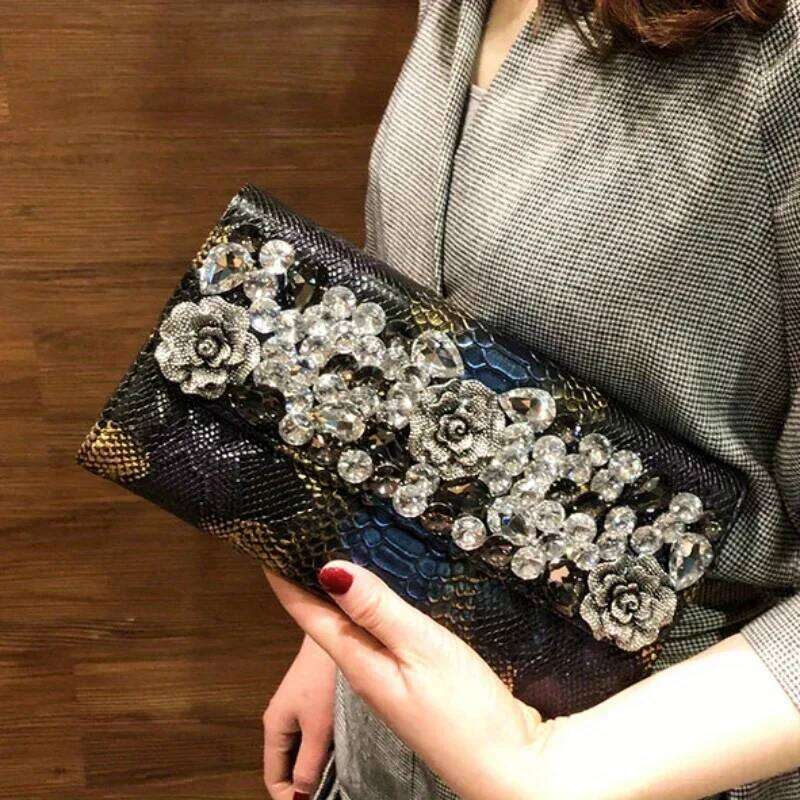 Women's Fashion Retro Crocodile Pattern Small Handbag Banquet Envelope Floral Hot Dia Shoulder Crossbody Clutch Bag