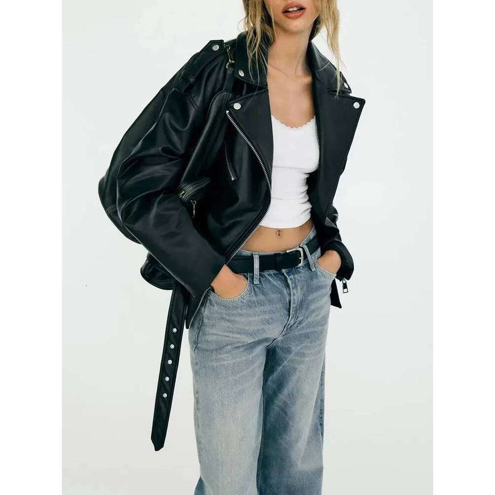 TRAF New Imitation Leather Fall And Winter Lapel Long-Sleeved Pockets With Belt Jacket Women's Fashion Coat