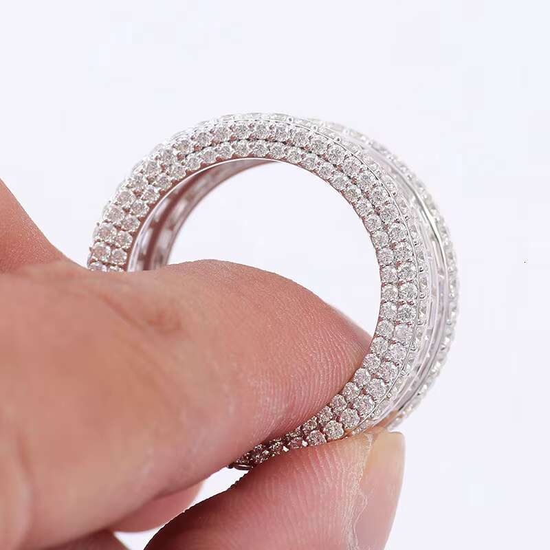 925Silver Men Moissanite Band With D Color VVS Three Rows Stone Ice Out Round Brilliant Cut Loose Diamond Hip Hop Ring Custom