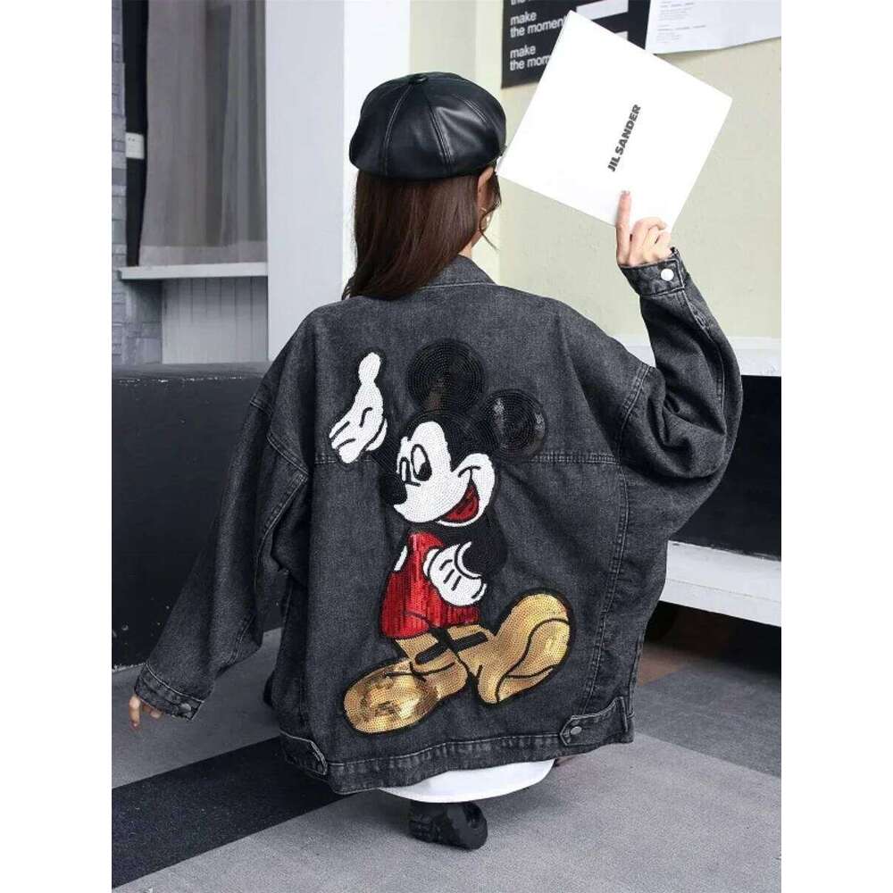 2022 Spring Autumn Long Sleeve Embroidered Sequin Cartoon Oversized Denim Jacket Women Loose Mid-Length Fashionable Jeans Coat