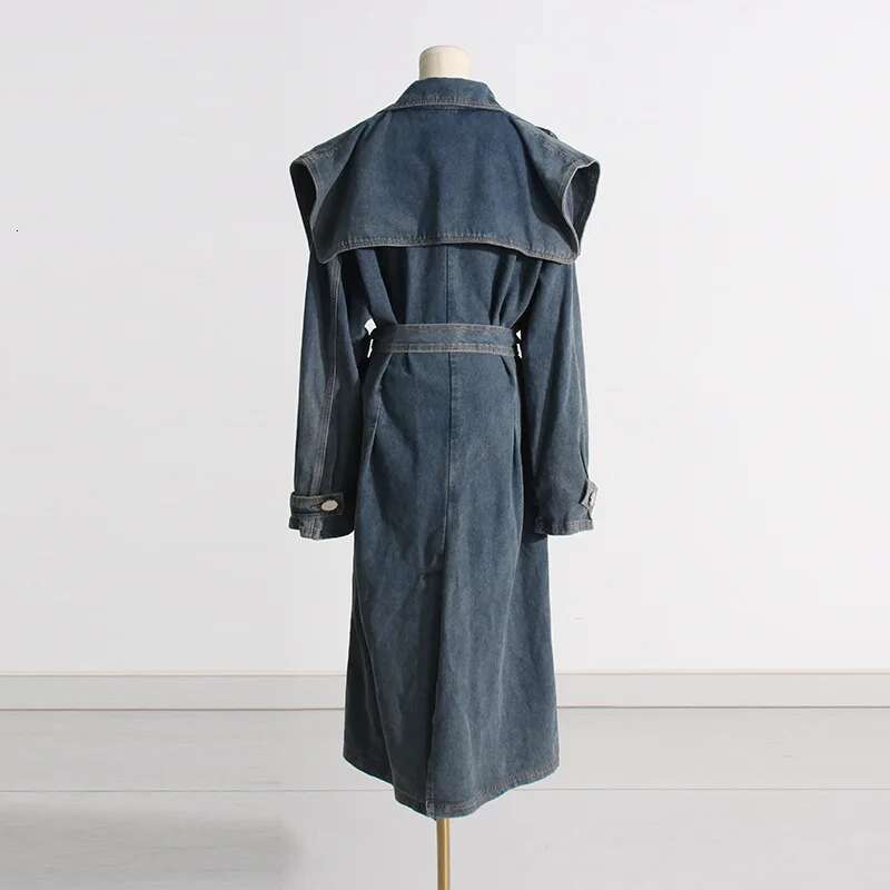 Women Denim Trench Coats Office Lady Sleeves Lace Up Pockets Loose Long Jackets 2025 Spring Jacket Y2k Streetwear