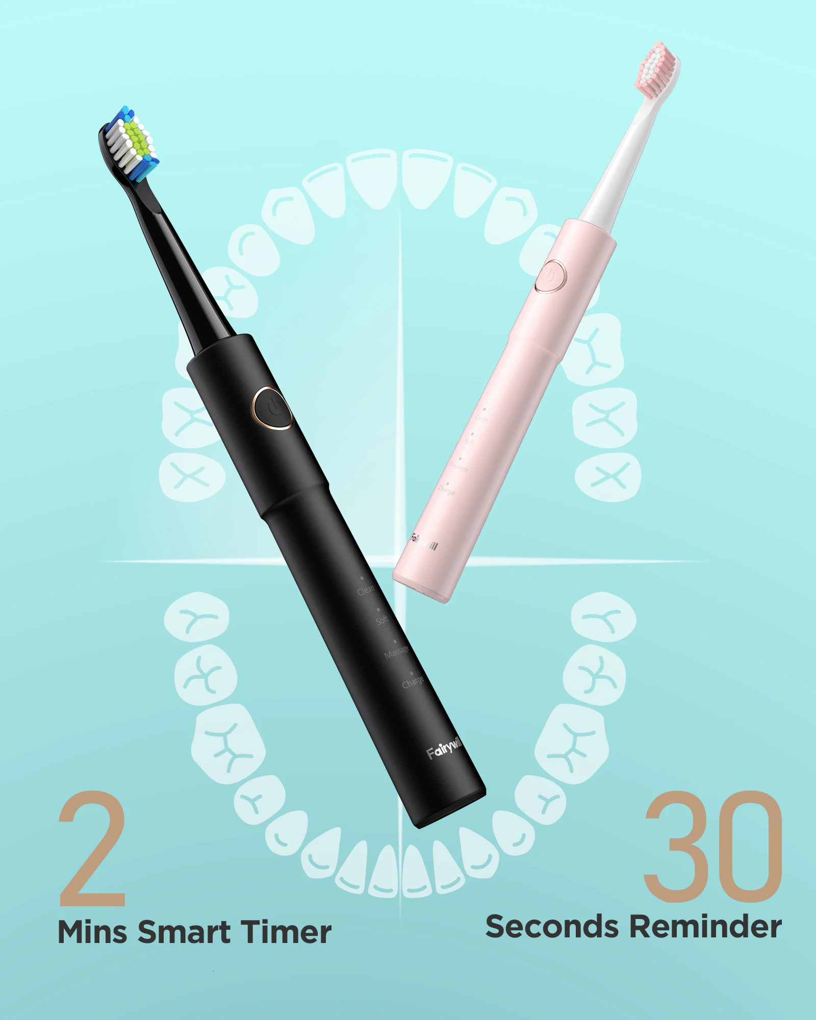 Fairywill Sonic Electric Toothbrush E11 Waterproof USB Charge With 8 Brush Replacement Heads Black and Pink Set for Couple 250527
