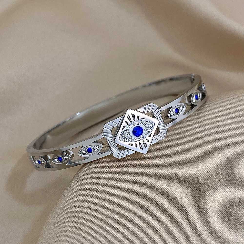 Greatera Turkish Evil Eye Stainless Steel Bangles Bracelets for Women Silver Color Rhinestone Cuff Bracelet Waterproof Jewelry W250526