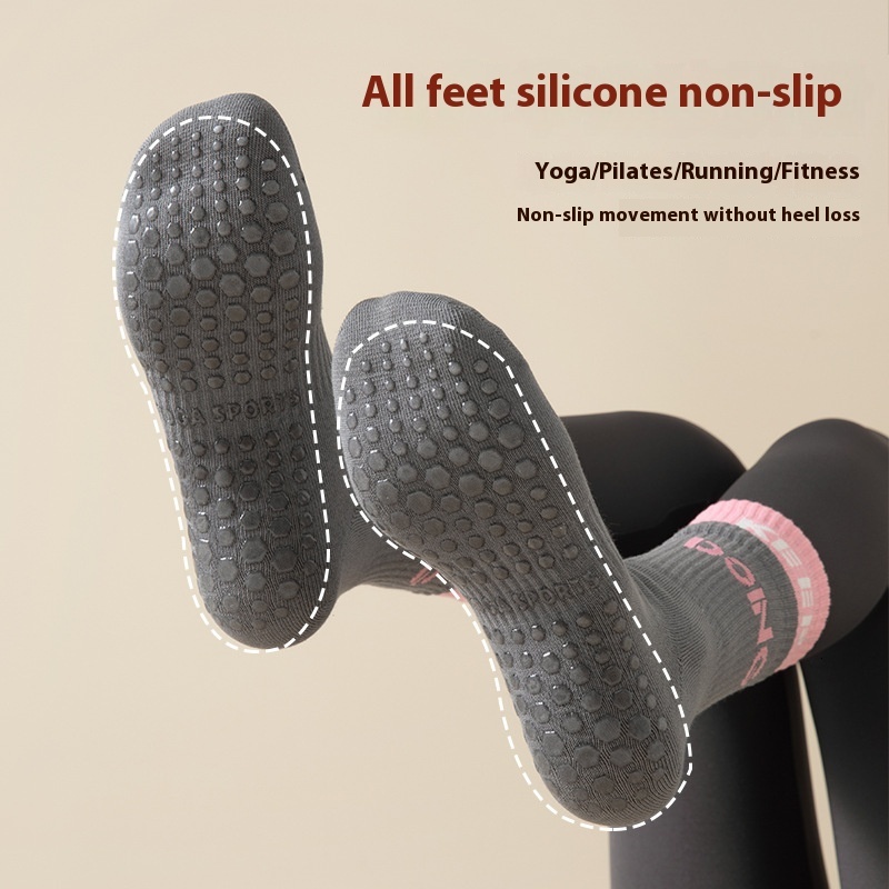 Women's Sports Fitness Yoga Non-Slip Long Tube Double Ribbed Striped Mid-Calf Socks Professional Training Running Pilates