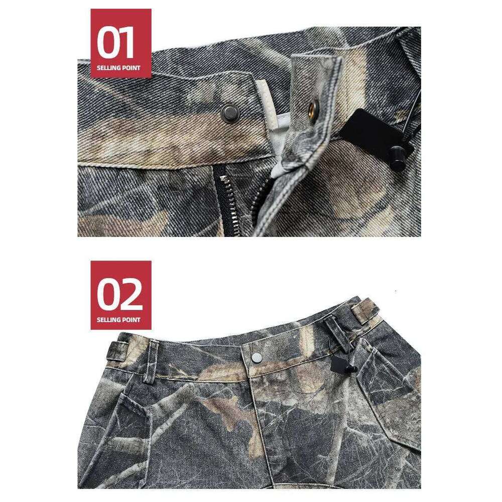 Camouflage Vintage Washed Tree Branch Five Quarter Pants for Men Women Summer Straight Baggy Shorts