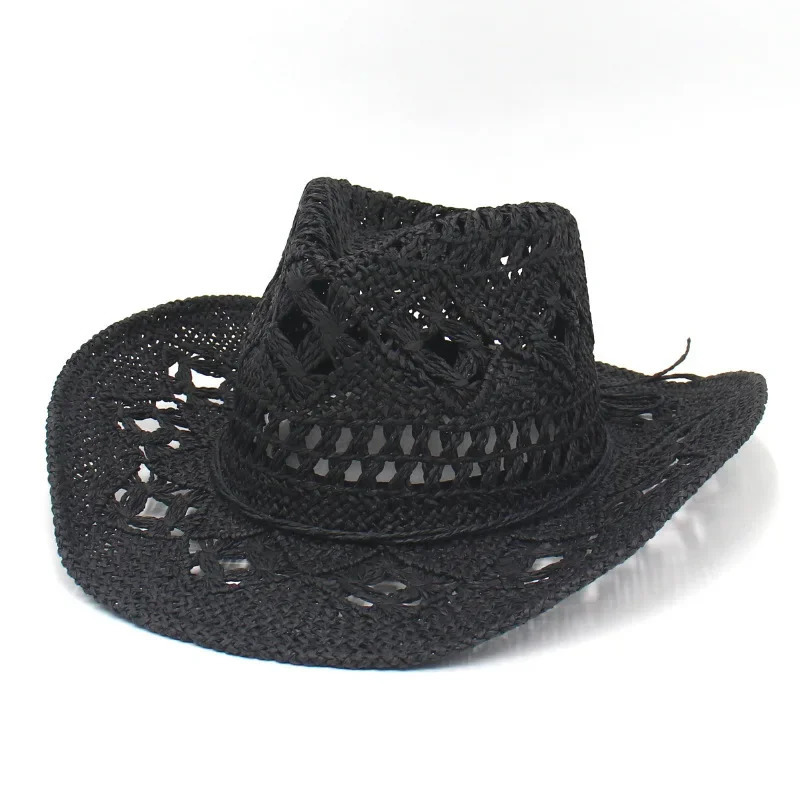 Hand woven western cowboy hats for women black straw hat men summer flanging sun visor hat hollow sombreros beach hat 250526