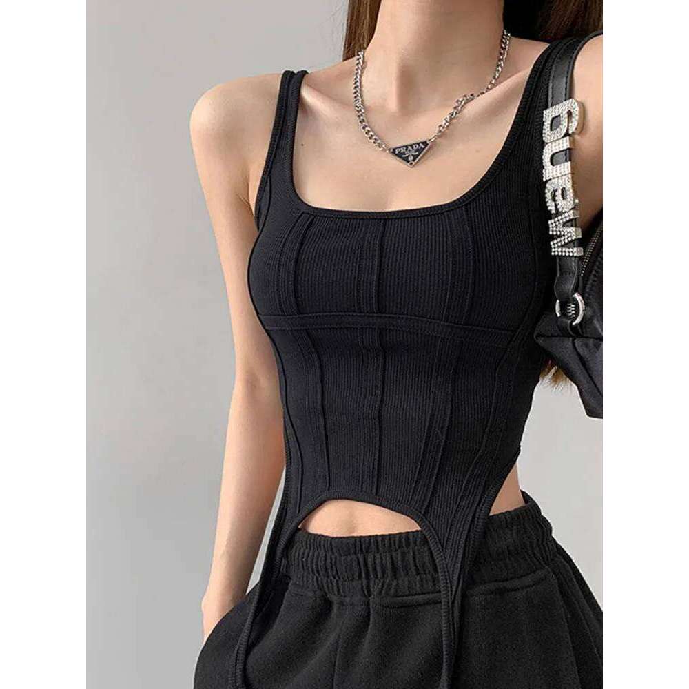 Fishbone Thread Safari Style Vest Irregular Hook Bottomed Shirt For Women Square Neck Sexy Sleeveless Sort Tops