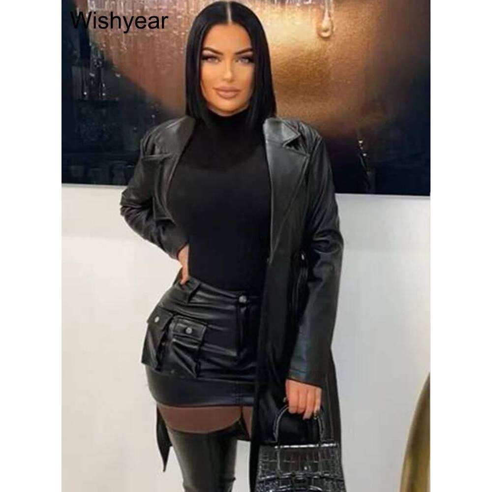 Vintage Women PU Leather Black Jacket Elegant Lapel Collar Long Sleeves Coat With Sashes Sexy Cool Girls Streetwear Outwear Y2k