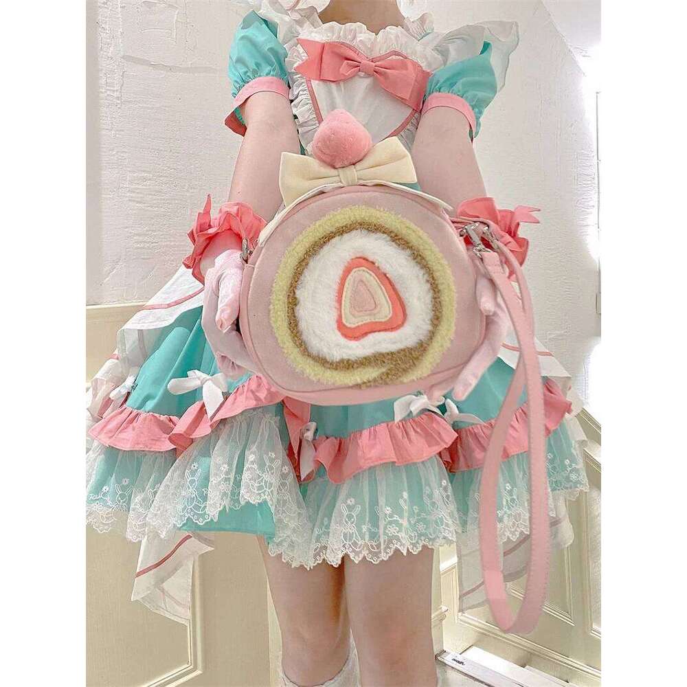 JIAERDI Soft Plush Strawberry Cake Roll Crossbody Women Sweet Kawaii Pink Lolita Bag Girl Large Capacity Bow Backpack Female