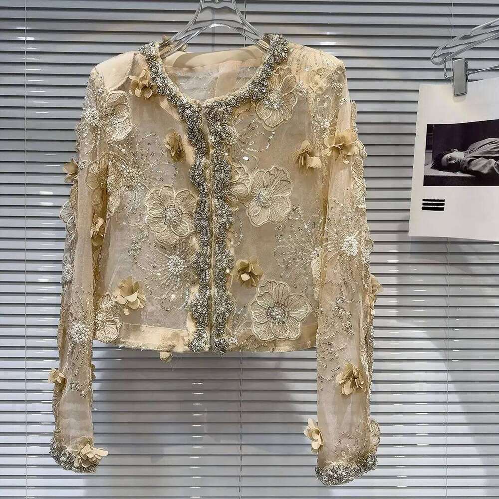 Women 3D Flowers Mesh Spliced Pearls Beaded Coat Sun Protection Thin Floral Embroidery Sequins Gauze Jacket Cardigan Tops