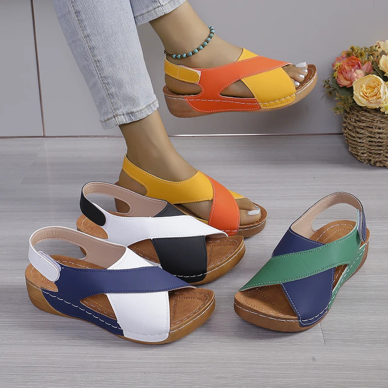 Womens Contrast Color Wedge Sandals Summer Peep Toe Non Slip Beach Shoes Woman Comfortable Platform Roman Sandalias Mujer 250603