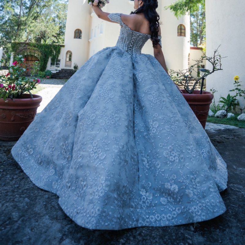 Blue Quinceanera Dresses Ball Gown Off The Shoulder Applique Lace Beading Tull Party Birthday Sweet 16 Dress Vestidos 15 Anos