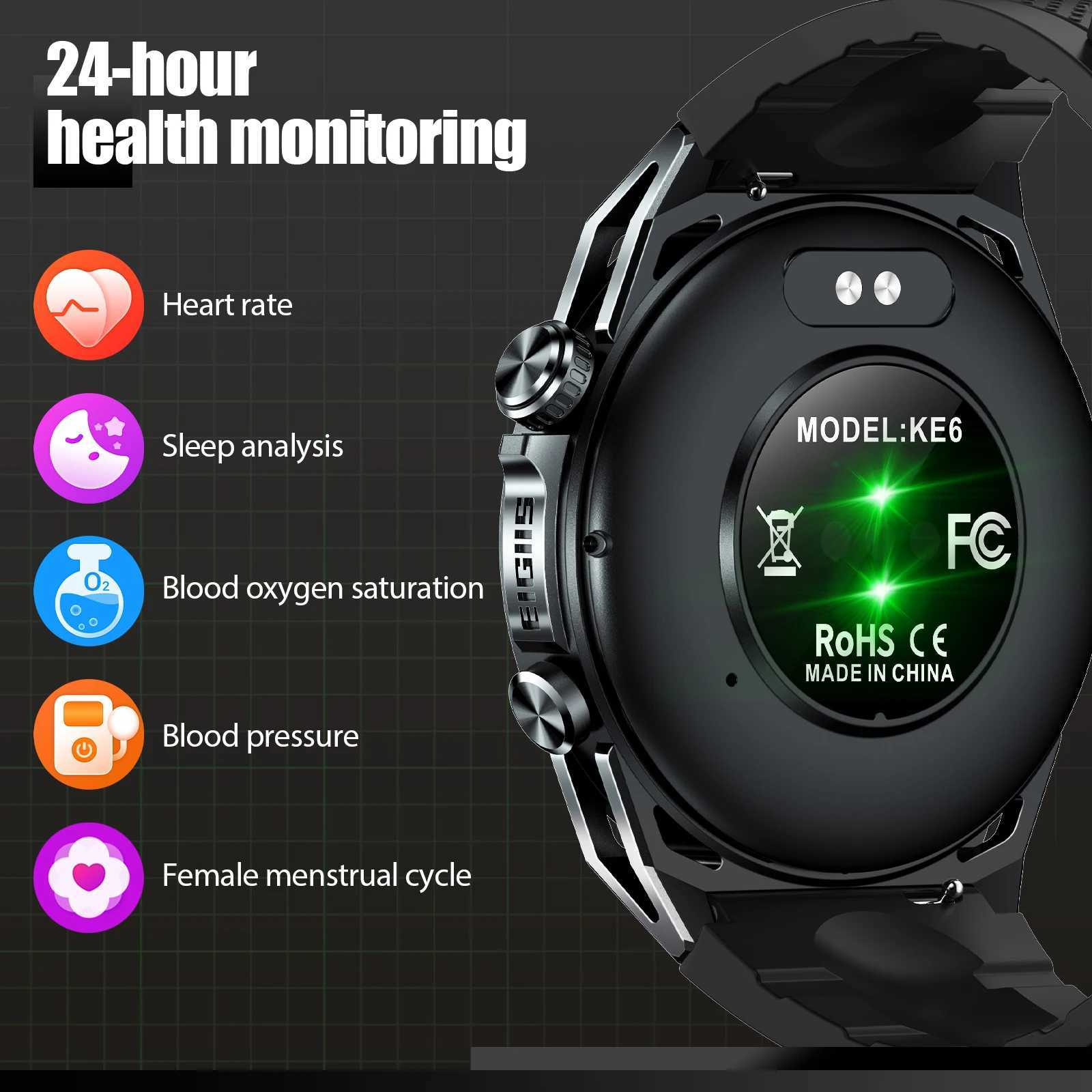 EIGIIS New Smart Watch KE6 1.43 AMOLED Display Men Black Sports Watch KE Series ethoth Call Health Monitor IP68 WaterproofXJ250513