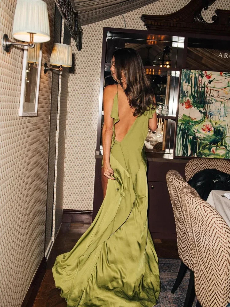 Elegant Green Satin Ruffles Sling Long Dress Women Sexy Backless Sleeveless Split Slim Dresses Lady 2025 Party Club Vestidos 250520