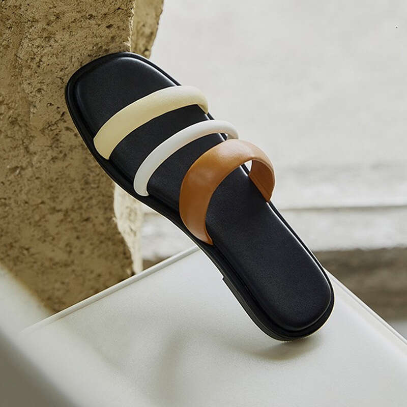 Cowhide Version ~ Flat One-Strap for Women Summer 2025 New Color-Block Square Toe Internet Celebrity Vacation Beach Sandals