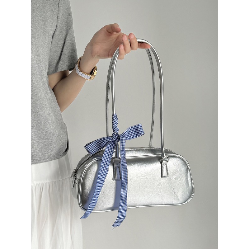 Bow Portable Silver Bag Women's New Niche Underarm Bag Large Capacity Bag