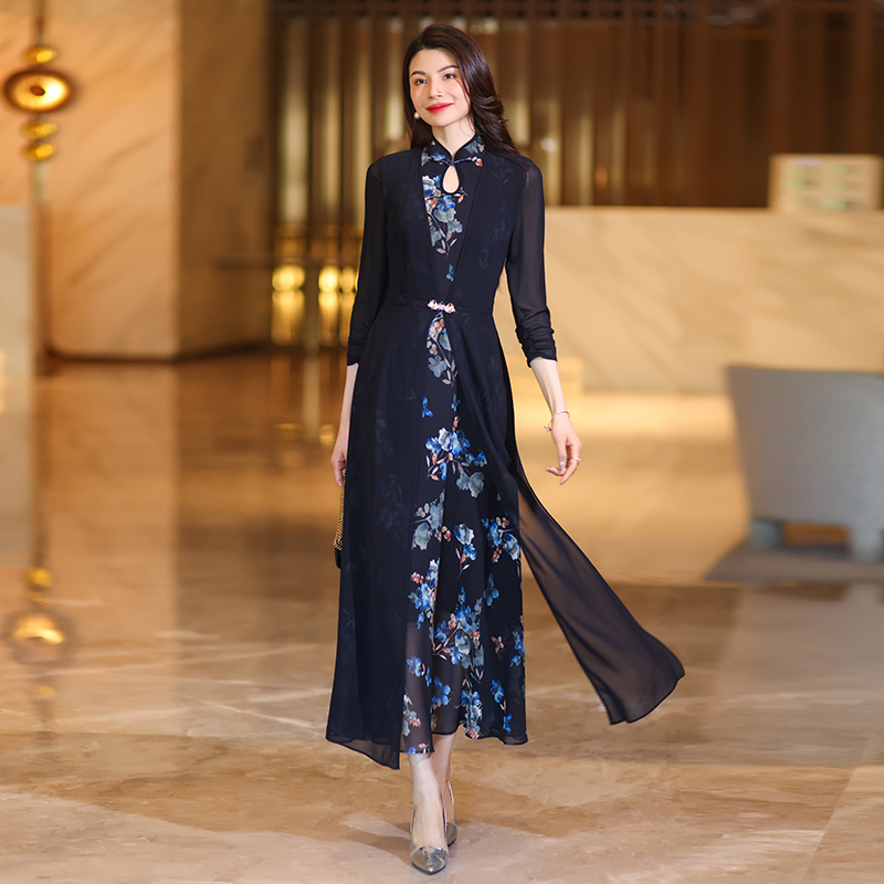 Charming Asian-Inspired Femininity: Lightweight Flowy Chiffon Maxi Skirt Ensemble w/ Classic Embroidery Details