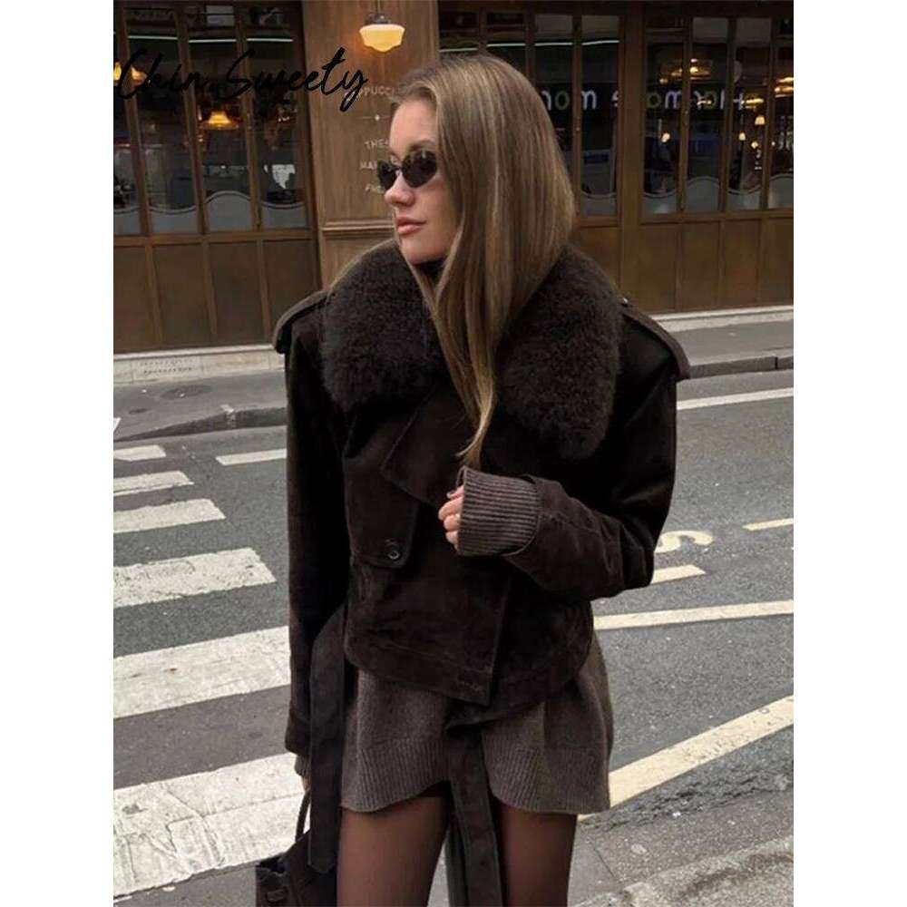 Faux Fur Patchwork Women Coat Slim Full Sleeve Lace Up Female Short Jacket 2024 Autumn Vintage Lapel Lady Overcoat