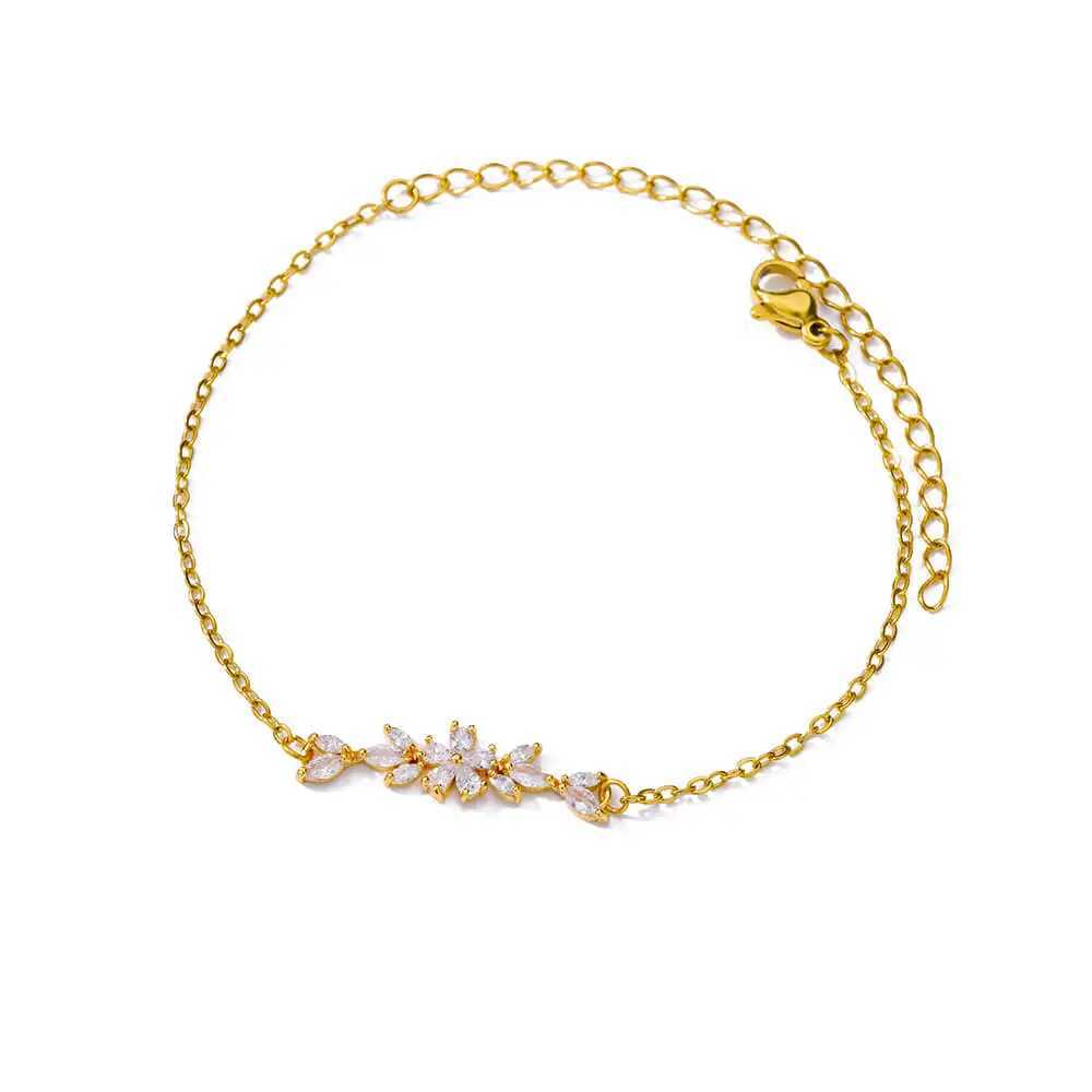 Elegant Zircon Flowers Bracelet For Women Girls Charm Gold Color Stainless Steel Plant Bracelets Luxury Designer Jewelry Gifts W250526