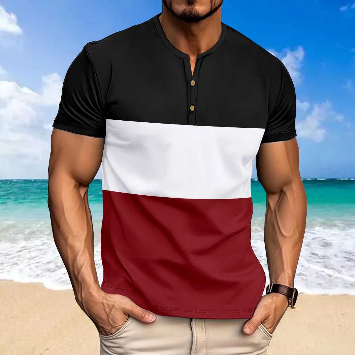 New Color Matching T-Shirt Men Casual Sports Comfort Summer Short Sleeve Henry Neck Mens T Shirts Fashion Basic Male Top Z250527