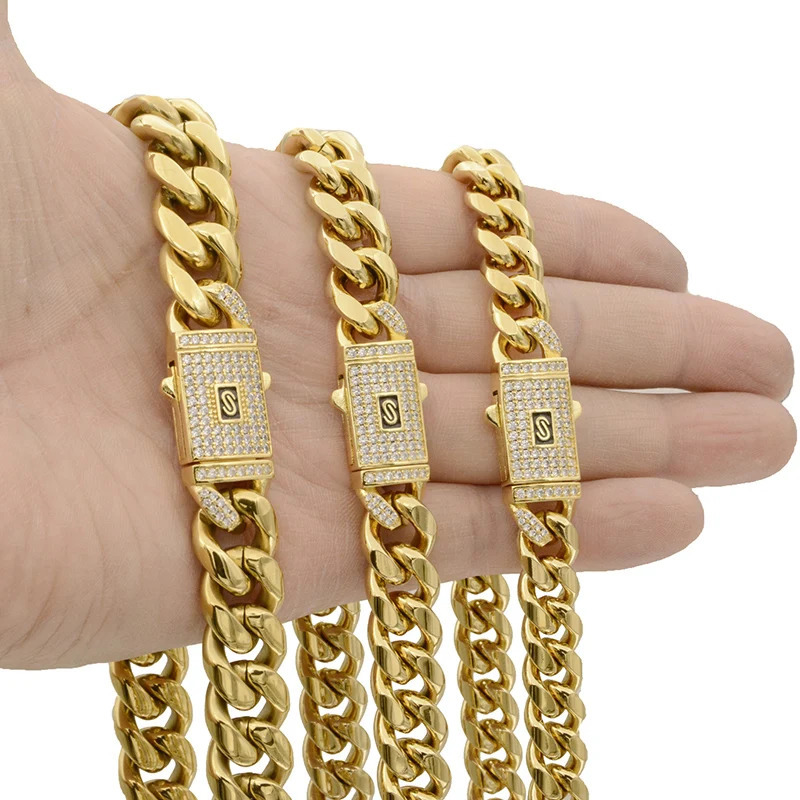 Hip Hop Bling Iced Out Gold Color Stainless Steel CZ Cuban Miami Chain Necklace Link Chain for Men Rapper Jewelry 250526