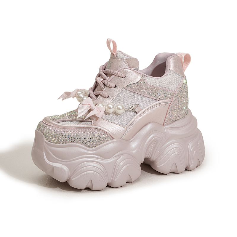 Designer Thick-Soled Insole Height-Increasing Dad Shoes for Women, New Spring Water Diamond Breathable Single Shoes Versatile and Casual Shoes for Sma