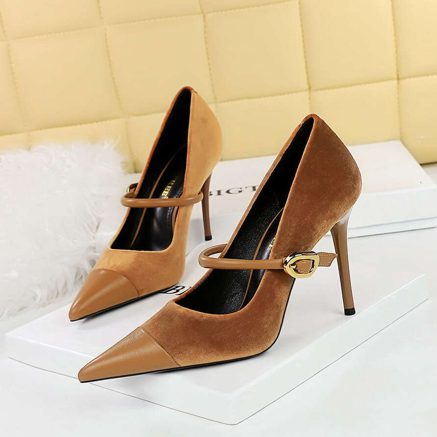 Banquet high-heeled suede pointed metal buckle single strap single shoe fashionable high-end women's high-heeled sandals
